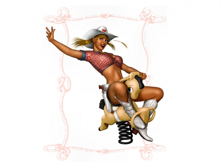 Hold On To Your Horses - fun, pony, westerns, female, hats, boots, cowgirls, fantasy, drawing, art, holsters, guns