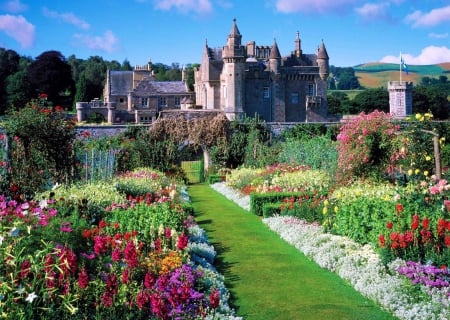 Sir Walter Scott's House - path, landscape, flowers, castle, park