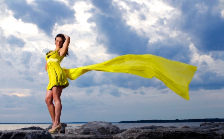 woman in yellow - women, clouds, veil, yellow, people, coast, beach, dress, girl, sea, beauty, ocean, woman, model