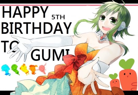 Happy 5th Birthday To Gumi!! - anime, vocaloid, dress, green eyes, green hair, glove, gumi, headphones, chibi, cute