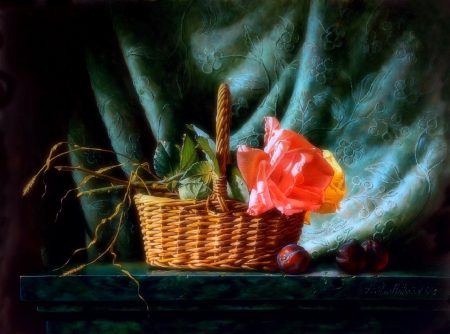 'Bouquet of Roses in Basket' - summer, love four seasons, flowers, fruits, bouquet, still life, roses, creative pre-made, draw and paint, table, curtains, basket, nature, lovely still life, paintings