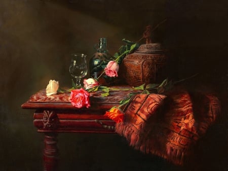 'Precious Still Life' - pitcher, roses, tablecloth, creative pre-made, paintings, table, still life, flowers, lovely still life, nature, love four seasons, fruits, draw and paint, glass