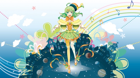 Music Makes The World Go Round - rainbow, planets, gloves, music notes, green eyes, town, clouds, vocaloid, anime, gumi, flowers, green hair