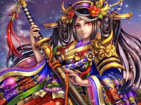 Warrior - japan, warrior, katana, long hair, sword, japanese, kimono