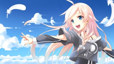 AI - pretty, singing, anime, vocaloid, female, scene, long hair, happy, sing, hd, nice, pink hair, smiling, sky, anime girl, beautiful, singer, girl, feather, beauty, lovely, sweet, cg, smile, cloud, ai