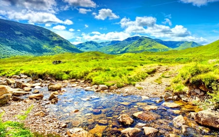 GREEN VALLEY - clouds, streams, splendor, landscape, water streams, green valley, nature, mountains, sky, rocks