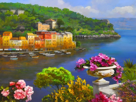 Mediterraneo-detail - hills, summer, town, coast, flowers, shore, view, lake, art, trees, beautiful, mediterraneo, sea, lovely, dock, pier, boats, painting