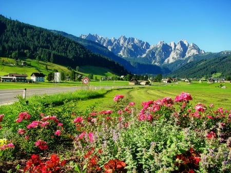 Summer village - sky, freshness, mountain, greenery, summer, picturesque, road, lovely, rocks, village, town, beautiful, flowers