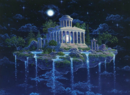 Magical... - moon, waterfalls, trees, floating, monument, night, magical