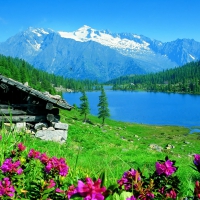 Wooden hut near mountain lake