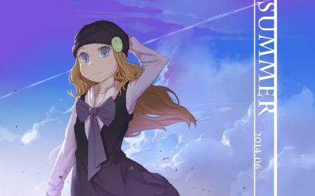 The Summer of 2014 - hat, clouds, anime, summer, dress, girl, brown hair, sky, blue eyes