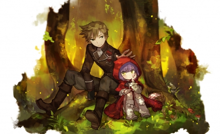 Don't Worry Lil' Red - male, little red riding hood, trees, basket, boots, purple hair, forest, red cape, anime, friends