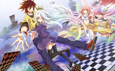 The Glass King - sora, chess piece, stephanie dola, long hair, crown, jibril, anime, cards, shiro, no game no life