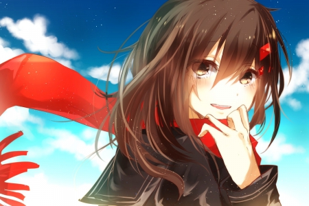 Tateyama Ayano - sky, brown eyes, long hair, scarf, brown hair, tateyama ayano, vocaloid, clouds, kagerou project, anime