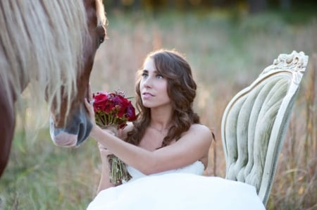 Always give the best of themselves - sweetness, horse, friends, beautiful, bouquet of red roses, bride, pure feeling