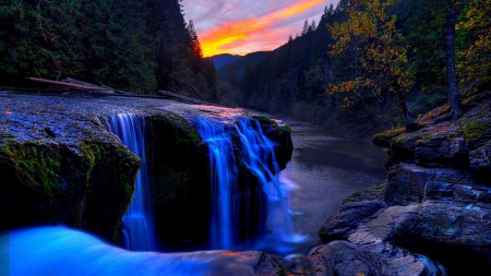 Beautiful Sunset ower Waterfall - nature, sunset, waterfall, beautiful