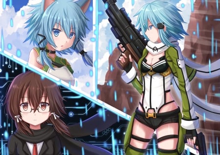 Shinon - gun, beauty, female, hot, anime girl, armor, sao, anime, sword art online, sexy, sinon, asada, girl, shino, long hair, cg, blue hair, hd, asada shino, beautiful, weapon