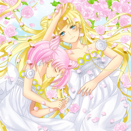 Moon Princess - princess serenity, princess, anime girl, laying, chibiusa, blond hair, blonde hair, petals, tsukino usagi, lady, lying, adorable, long hair, lay, usagi tsukino, divine, floral, beautiful, sweet, rini, dress, beauty, nice, female, usagi, blond, twintail, pink rose, rose, gorgeous, tsukino, pretty, anime, twin tail, maiden, girl, twintails, pink hair, gown, lovely, serenity, sailor moon, small lady, kawaii, twin tails, sublime, blossom, sailormoon, blonde, flower