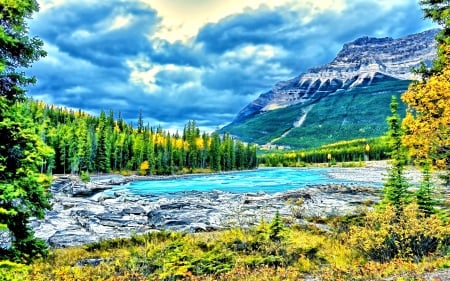 JASPER NATOINAL PARK - clouds, water stream, forest plants, splendor, landscape, tree, green valley, nature, beautiful place, lake, paradise, forest stream, mountains, nature enchanting, sky, rocks