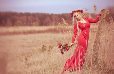 Red Roses - roses, summer, woman, red, dress