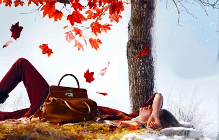 Short Relaxation - nice, woman, girl, photography, fashion, elegant, fantasy, model, nature, art, fall, beautiful, leaves, digital