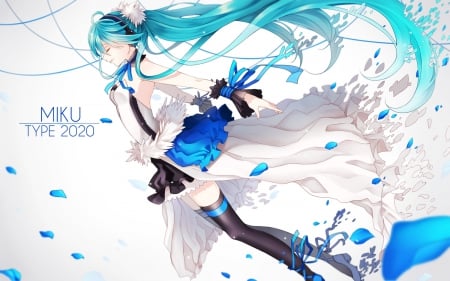 Hatsune Miku - nice, beauty, female, anime girl, pretty, cool, game, petals, anime, miku, cute, hatsune miku, sexy, twintails, long hair, song, singe, gloves, muisc, hatsune, vocaloids, blue hair, beautiful, sweet, awesome, smile, flowers, dress