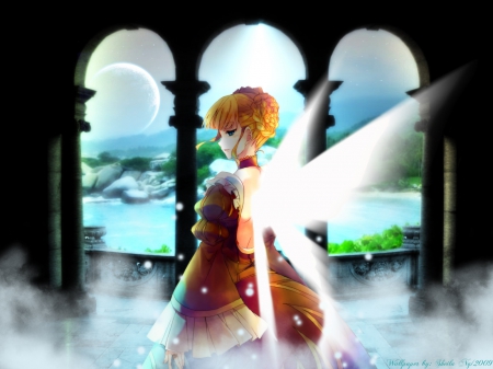 Anime girl - pretty, moon, anime, ligth, beautiful, wings, dress, girl