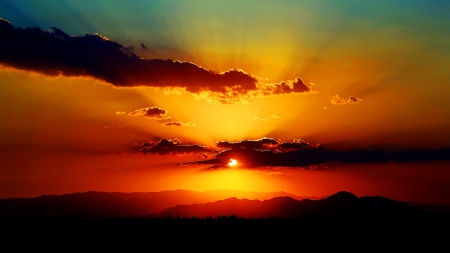 Sunset - rays, sky, clouds, sunset, mountains