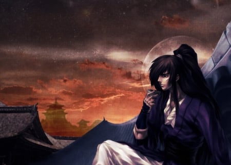 Samurai - moon, boy, anime, late afternoon, houses, samurai