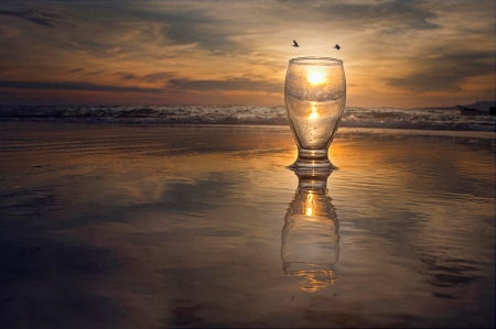 * SUNSET * - glass, beach, sunset, nature, sun