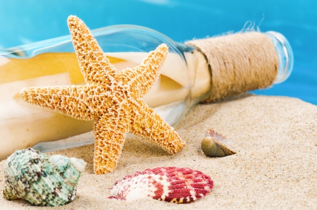 Summer Time - starfish, nature, beach, shells, bottle, sand