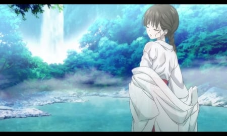 Thin Veil of Silk - nice, beauty, female, hot, water, stream, anime girl, waterfall, red data girl, brown hair, angelic, gorgeous, pretty, anime, kimono, pond, scene, sexy, scenic, girl, long hair, wet, lovely, divine, sublime, beautiful, scenery, yukata, sweet