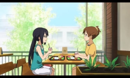 Let's Eat - pretty, delicious, female, food, scene, nice, hirasawa, kon, hirasawa ui, beauty, chair, ir, nakano azusa, anime, ui hirasawa, kawaii, nakano, long hair, k-on, azusa nakano, eat, yummy, ui, anime girl, beautiful, table, girl, lovely, brown hair, sweet, azusa, black hair, eating, adorable