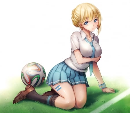 Soccer - pretty, anime, female, blonde, tattoolsit, blond hair, football, fifa, blond, world cup, hd, soccer, nice, miniskirt, sitting, anime girl, realistic, skirt, ball, beautiful, hot, girl, blonde hair, beauty, lovely, sweet, cg, sexy