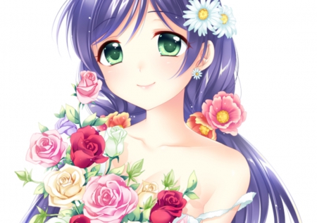 Pretty Flower - pretty, anime, female, blossom, maiden, green eyes, long hair, plain, nice, purple hair, anime girl, beautiful, girl, simple, beauty, lovely, sweet, flower, bouquet, white, lady, floral