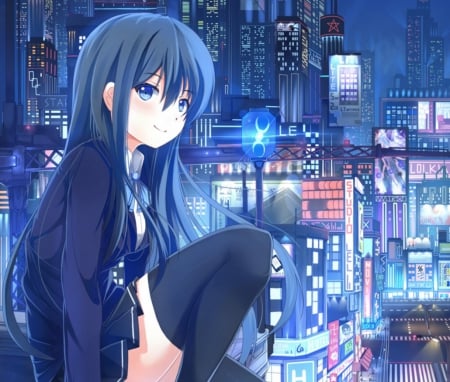 Blue City - beauty, nice, female, anime girl, home, pretty, anime, house, scene, building, scenic, girl, light, night, cityscape, lovely, town, blue, beautiful, scenery, city, sweet