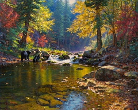 bear in autumn river - colors, autumn, bear, river