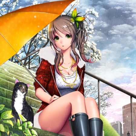 Rain - pretty, anime, female, scenery, scene, maiden, long hair, staircase, umbrella, kitten, rain, nice, sky, raining, anime girl, beautiful, girl, beauty, lovely, brown hair, sweet, cat, rainy, lady, jacket, cloud, stair, kitty