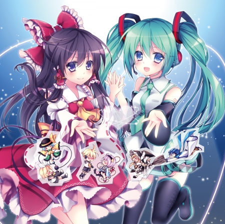 Links - hair, anime girl, ribbon, reimu, hatsune miku, adorable, long hair, hakurei reimu, vocaloids, vocaloid, sweet, dress, nice, female, twintail, reimu hakurei, miku hatsune, brown hair, touhou, pretty, green, anime, miku, cute, twin tail, girl, hakurei, twintails, chibi, gown, lovely, cg, hatsune, hd, kawaii, twin tails, red, green hair, crossover