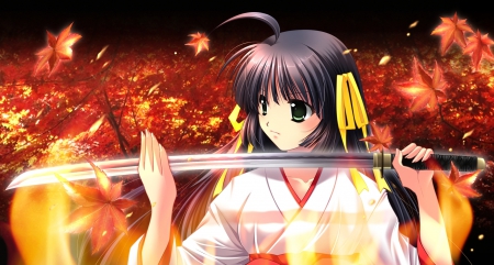 Katana - pretty, anime, yellow, female, warrior, maiden, long hair, japan, red, katana, ribbon, nice, anime girl, beautiful, girl, sword, beauty, kimono, lovely, sweet, yukata, samurai, blade, lady, japanese