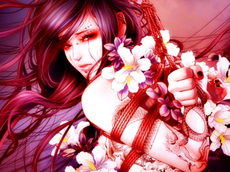 Fantasy girl - red, flower, purple, fantasy, pink, tattoo, girl, art