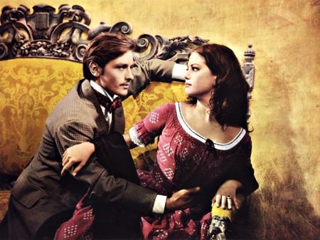 Alain Delon as Tancredi Falconeri and Claudia Cardinale as  Angelica Sedara / Bertiana - woman, love, actress, couple, movie, girl, claudia cardinale, the leopard, alain delon, yellow, man, actor