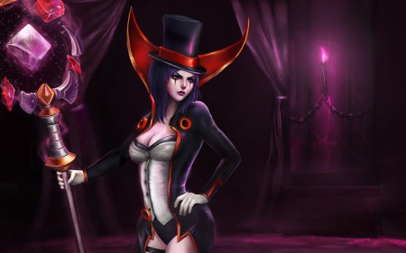 Fantasy girl - red, purple, pink, black, game, girl, fantasy, hat, league of legends