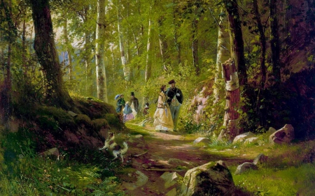 Walk in the forest - forest, walk, art, ivan ivanovich shishkin, people, tree, painting, woman, man, green