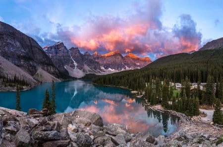 Moraine lake - lake, sky, moraine, shore, rocks, nature, view, reflection, beautiful, america, cliffs