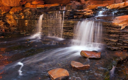 Golden waterfall - landscape, stream, water, wallpaper, waterfall, rocks, waves, hd, nature, forest, river, stones, scene