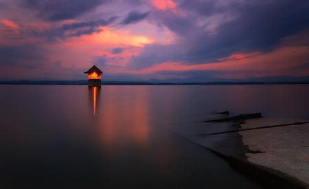 Small Lighthouse - evening sky, lighthouse, colored cloud, sky, sea coast