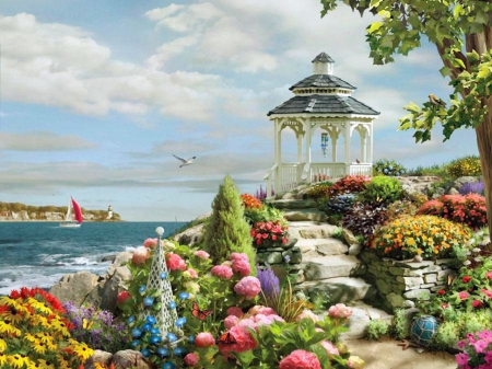 View Point - sea, lighthouse, ship, steps, look out, flowers, water, view point