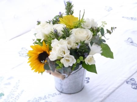 Floral Summer Mix - white, roses, bucket, yellow, mix, sunflower