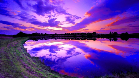 gorgeous purple sunset - purple, lake, reflection, clouds, shore, sunset